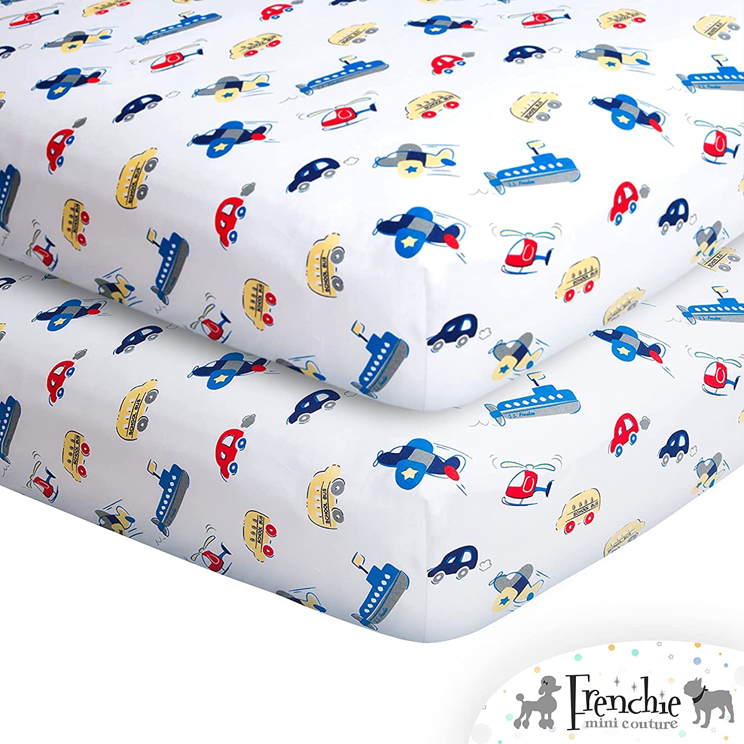 Crib Fitted Sheet for Boys & Girls 100% Woven Cotton, Cars, Boats, Planes, 28 x 52 x 8in, 2-Pack