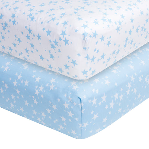 Fitted Crib Sheet 2 Pack, 100% Woven Cotton (Blue Sars)