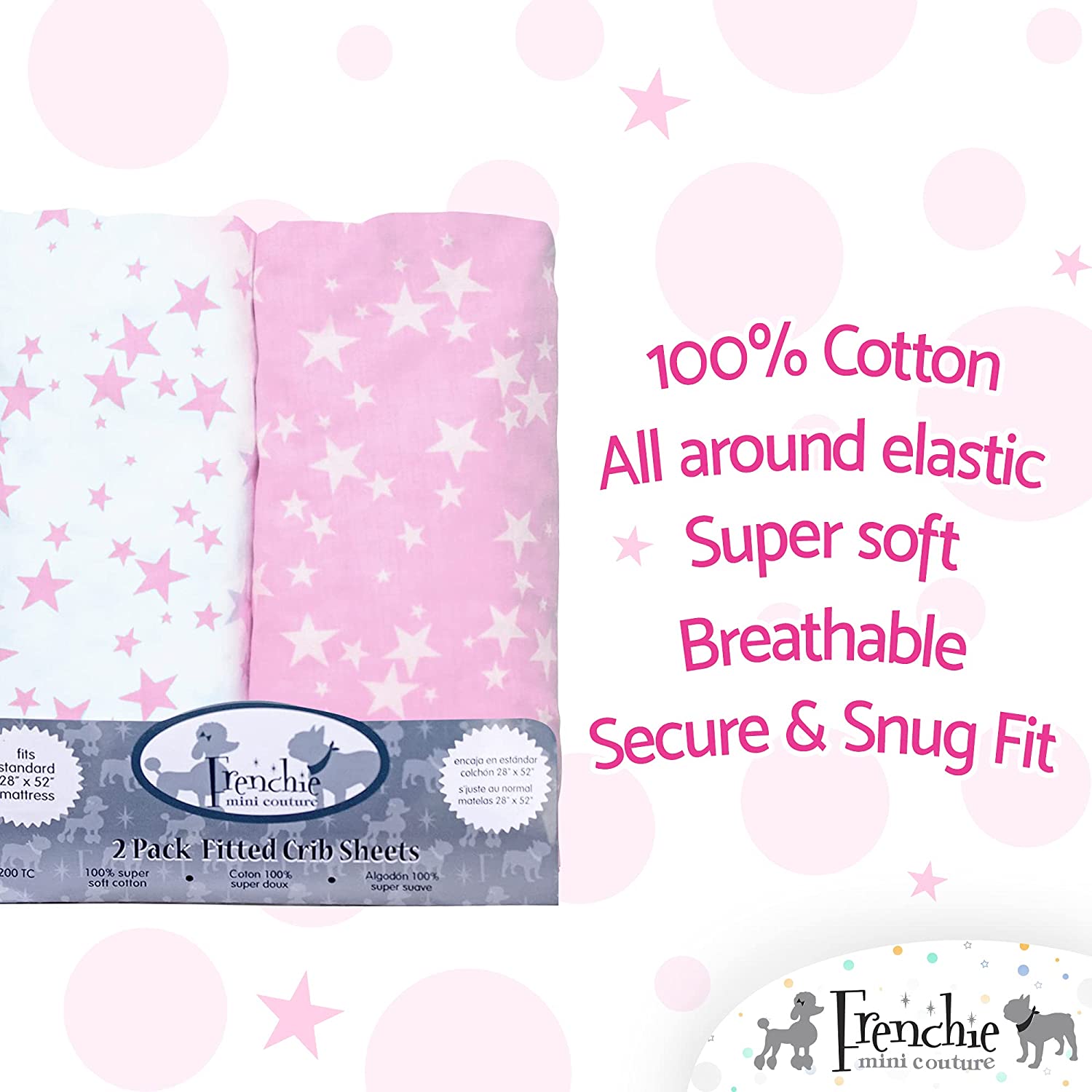 Fitted Crib Sheet 2 Pack, 100% Woven Cotton (Pink Stars )