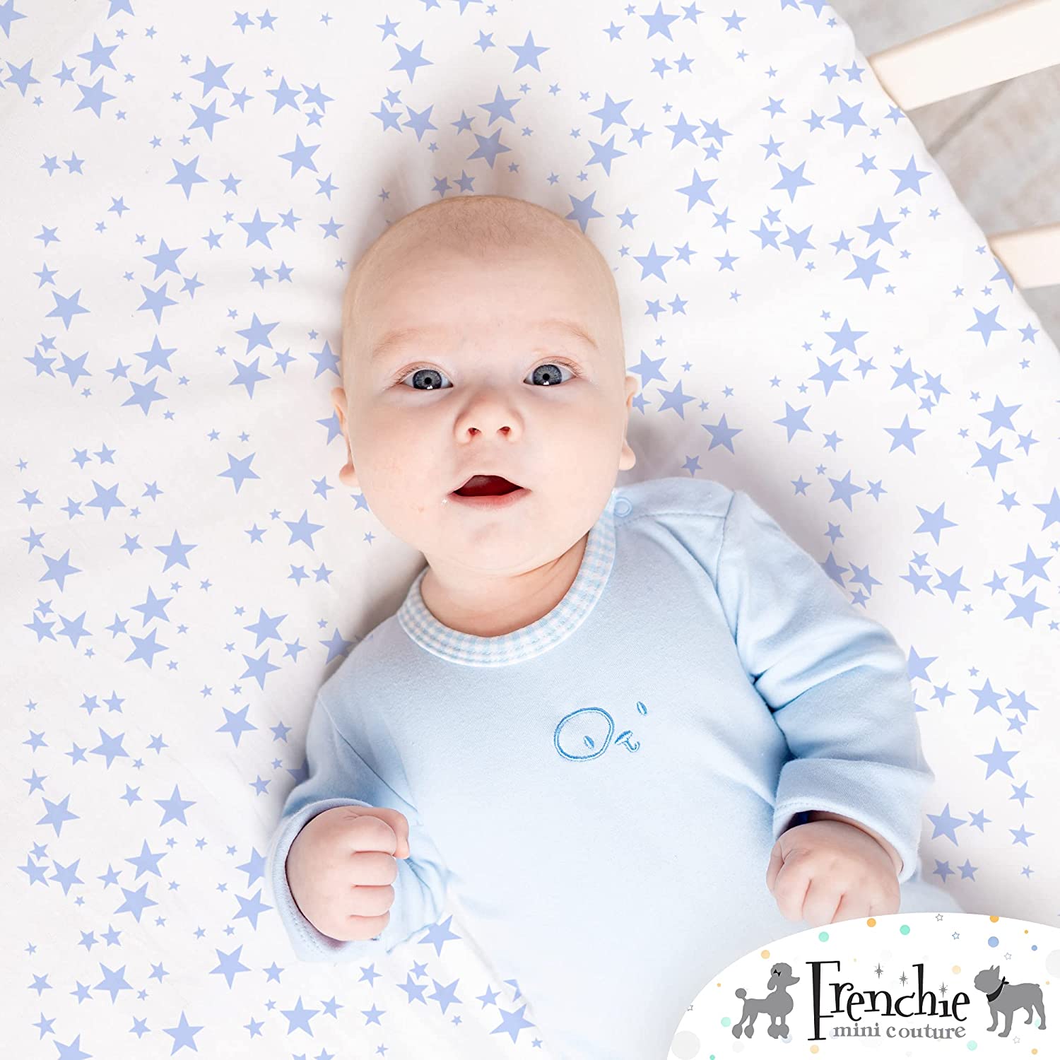 Bassinet Sheets, 100% Cotton, Fits Toddler Mattress, Blue Stars, 15 x 33in, 2-Pack