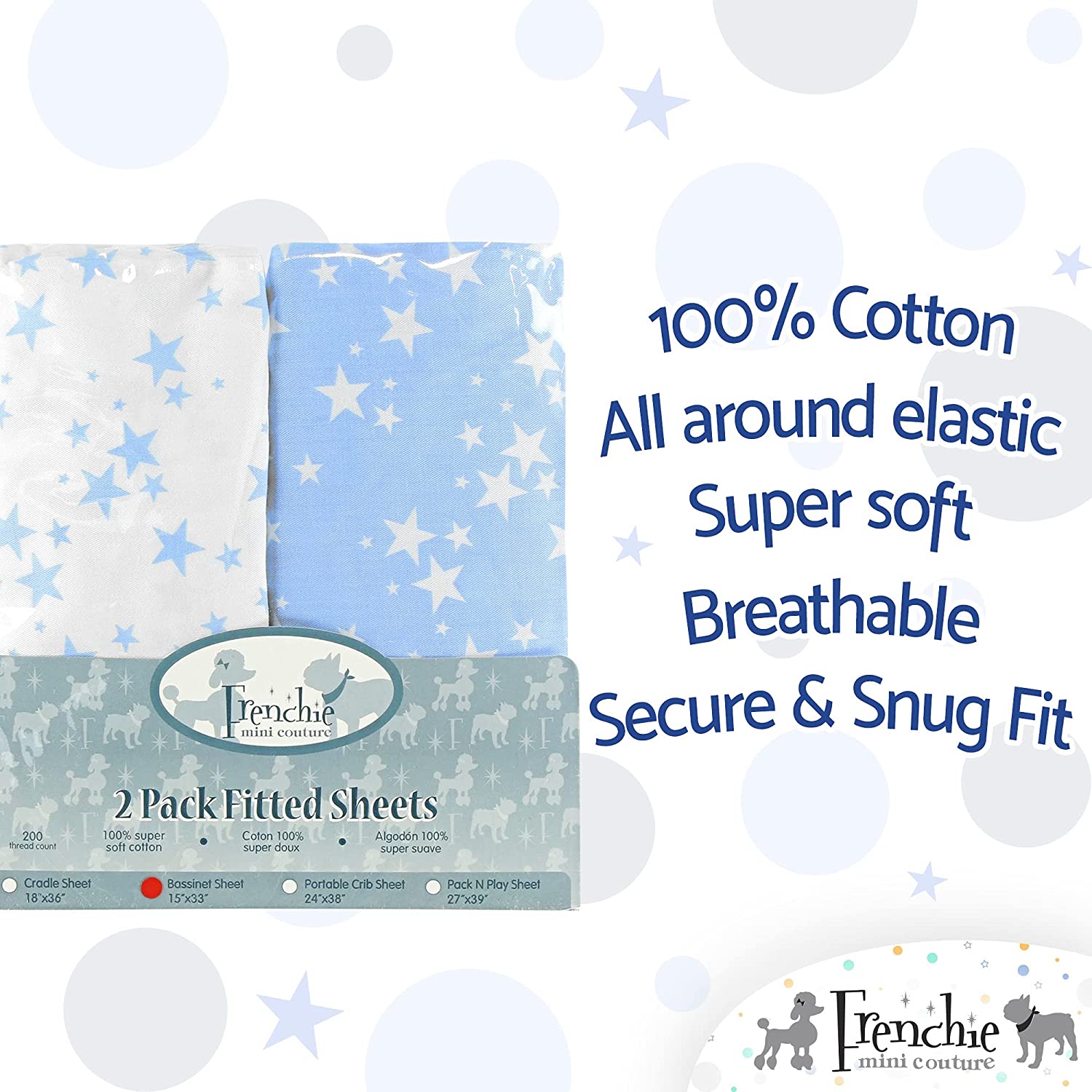 Bassinet Sheets, 100% Cotton, Fits Toddler Mattress, Blue Stars, 15 x 33in, 2-Pack