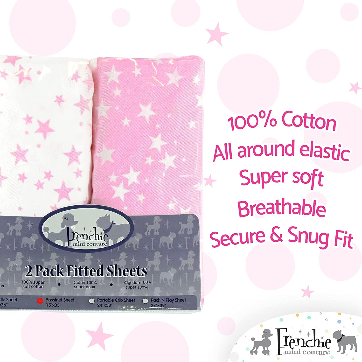 Bassinet Sheets 100% Woven Cotton Pink Stars, 15 x 33in, 2-Pack