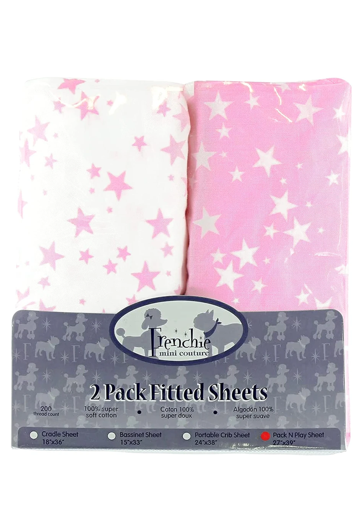 Fitted Pack N Play Sheets 100% Woven Cotton Standard Mattress, Pink Stars, 27 x 39in, 2-Pack