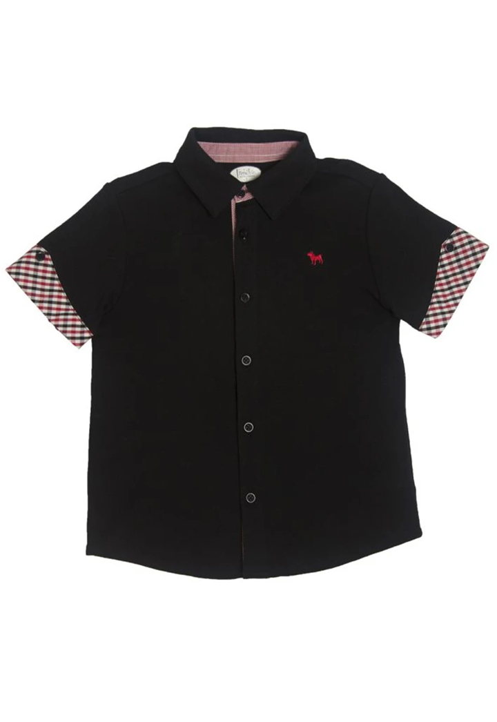 Red/ Black Check Sleeve on Black Button Down Shirt