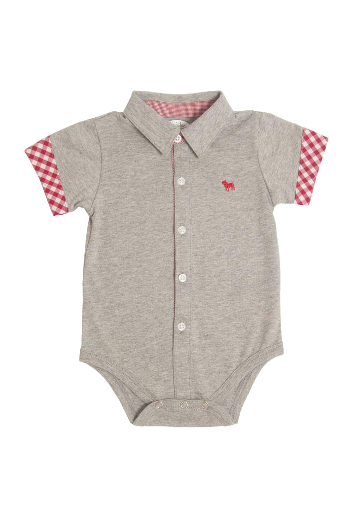 Red/ Gray Stripe Sleeve on Gray Button Down Bodysuit