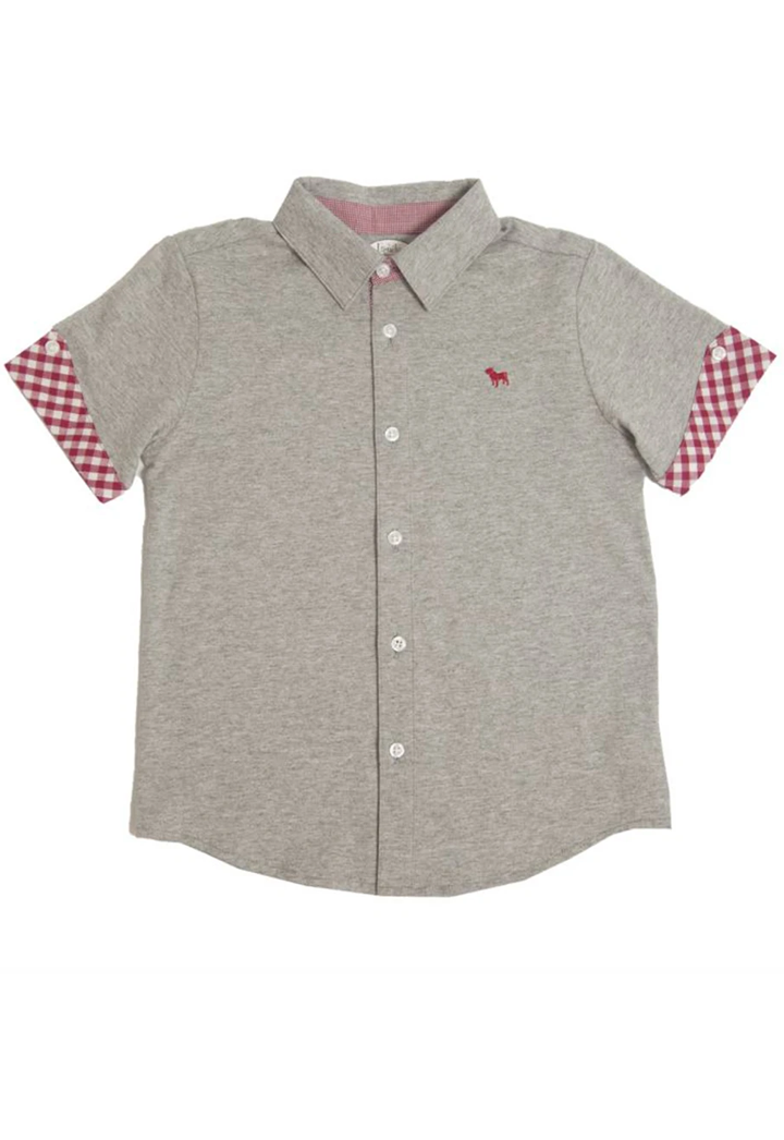 Red/ White Gingham Sleeve on Gray Shirt